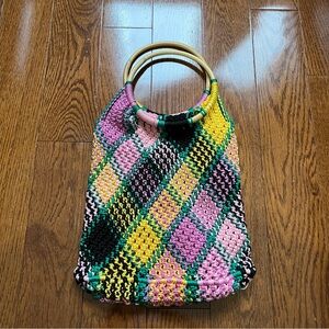 Multicolor Woven Handbag with Bamboo Handles